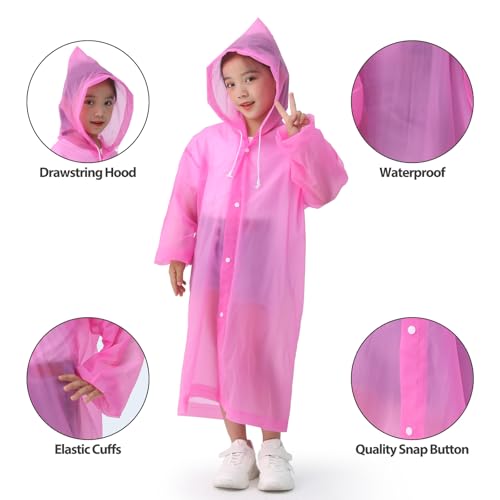 OFFITECTURE 2-Pack Reusable Rain Ponchos for kids - Hooded Raincoats for Boys Girls (Blue+Pink)2