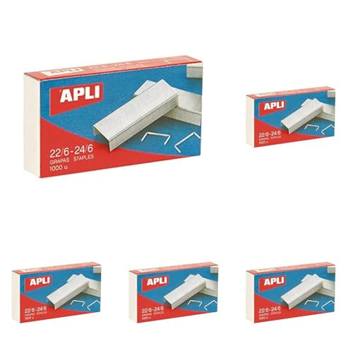 APLI 13469 - Agrafes galvanisées, finition argentée brillante, boîte de 1000, pour agrafeuse standard (Lot de 5)