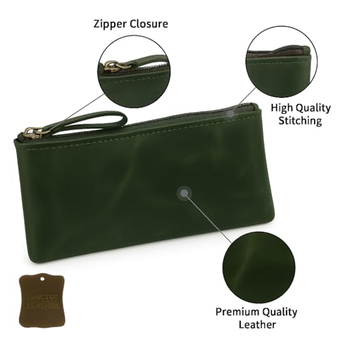 Image of Leather Pencil Pouch, Currency Pouch, Leather Pencil Case, Zippered Pouch Paper Money, Pen Case, Pen and Marker Case, Pencil Case For Artists & Professionals (Forest Green)