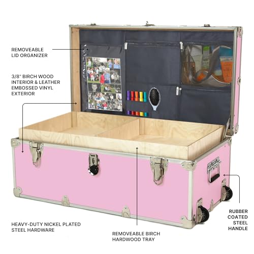 Image of Large Essential Trunk With Wheels, Tray, & Lid Organizer - 32 inchx18 inchx14 inch, 1000+ lbs Capacity. Strong, USA Made Summer Camp Footlocker, and Secure College Dorm Storage Chest