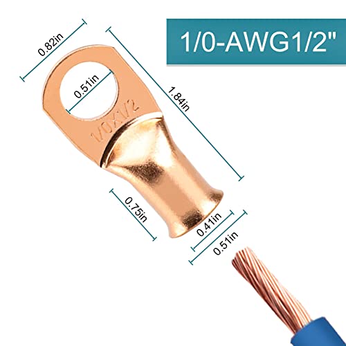 8PCS Battery Cable Ends, 1/0 Gauge Wire Connectors 1/2 Copper Wire Lugs, Bare Copper Eyelets with Heat Shrink Tubing by HOUSUN