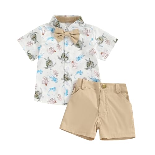 Image of Licupiee Toddler Boys Ocean Print Shorts Sets 2Pcs Crab Turtle Summer Outfits Button Up Short Sleeves Shirt and Shorts Suit