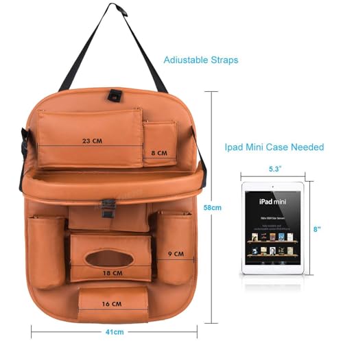 Image of Premium Car Backseat Organizer with Foldable Tray | Multi-Pocket Storage for Tablets, Phones, Bottles & Travel Essentials Seat Back Organizer (TAN)