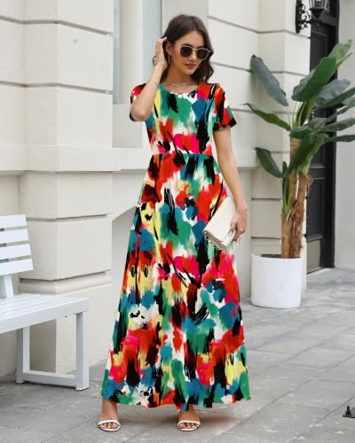Image of COSSEN Women's Crew Neck Short Sleeve Maxi Dress with Pockets Casual Loose Swing for Wedding Guest Beach Vacation