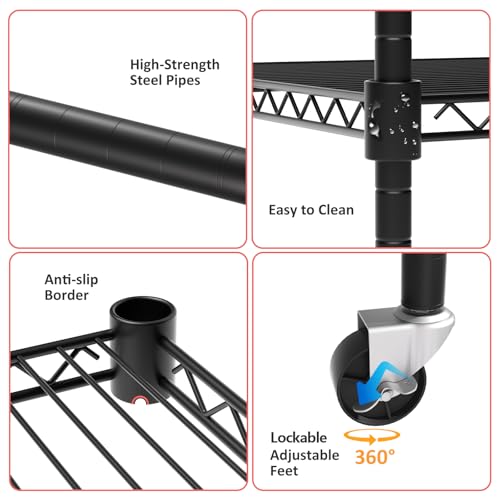 Image of 5 Tier Storage Shelves with Wheels, Heavy Duty Metal Garage Shelving Unit and Adjustable Feet, 865lb High Capacity Rolling Storage Shelf for Kitchen, Office, Dining Room (23.6 inchx 17.7 inchx 72 inch), Black
