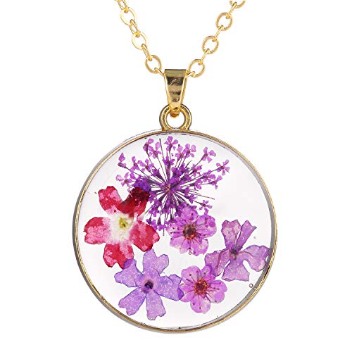 FM FM42 Gold-tone Multi-Colored Pressed Flower Round Pendant Necklace with 17.7" Chain