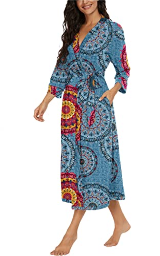 Image of VINTATRE Robes for Women Long Knit Bathrobe XS-4XL | 3 /4 Sleeve Bathrobes with Pockets, Stretchy and Lightweight Fabric, Inner Tie and Fixed Outer Matching Belt, Mid Calf Length