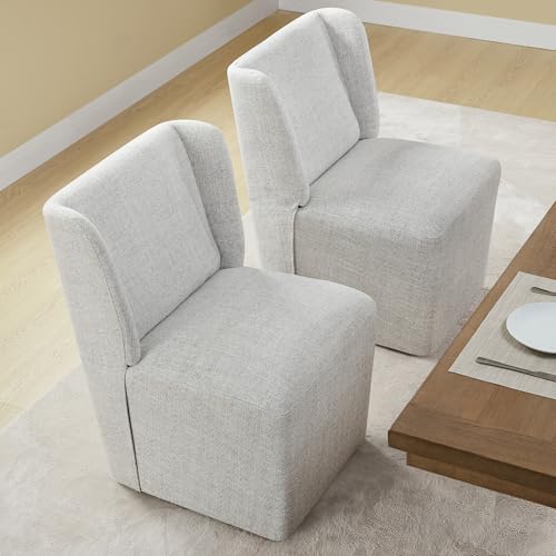 Image of KISLOT Upholstered Dining Chairs Set of 2 with Casters, Wingback Modern Side Armless Deskchair with Rollers for Diningroom Bedroom Livingroom Reading Room, Light Grey Fabric