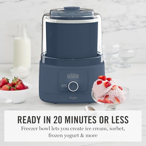 Image of Martha Stewart Ice Cream Maker, 2 Quart Double-Insulated Freezer Bowl, Sorbet & Frozen Yogurt, Ready in 20 Minutes, Mix-Ins Chute, Easy to Clean, Indigo Blue