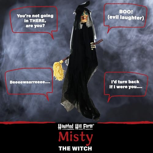 Haunted Hill Farm Witch on Broom Animatronic, Halloween Prop with 4 Voice Greetings, Animated Head, Flashing Red Eyes, Touch Activated and Battery Operated Decoration