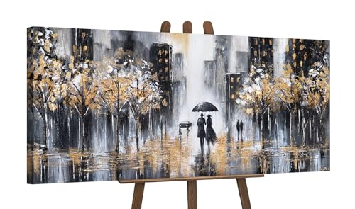 YS Arte acrílico pintura ciudad sobre lienzo con acentos de oro pintado a mano mural sala de estar cuadros modernos blanco negro decoración del hogar para sala de estar 115x50 cm