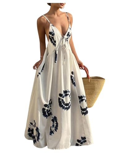 SOLY HUX Women's Boho Floral Print Backless Maxi Dress Tie Front Deep V Neck Sleeveless A Line Flowy Dresses