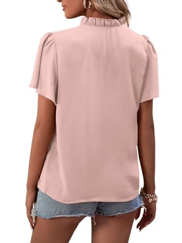 Image of LYANER Women's Elegant Frill Mock Neck Ruffle Short Sleeve Blouse Work Shirt Top