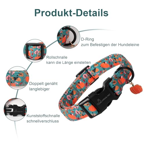 ARING PET Halloween Hundehalsband, Niedlich Kürbis Hundehalsband mit Schnellverschluss aus Kunststoffschnalle, Bequemes Grün Baumwoll Halsband für Jungen und Mädchen Hunde