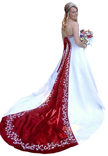 open lace back dress FairOnly White Satin Red Embroidery Strapless Wedding Dress Bridal Gown  (XL, White Red) at Amazon Women's Clothing store