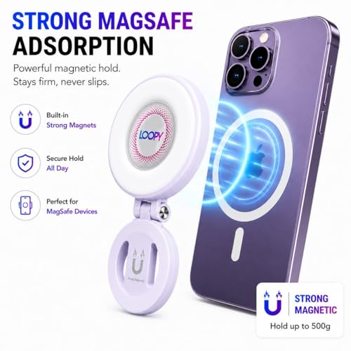 Image of LOOPY Magnetic Selfie Fill Light, 3-in-1 LED Ring Light Compatible with MagSafe, for Selfies, Photography, Vlogging, Makeup, Rechargeable, Portable, White