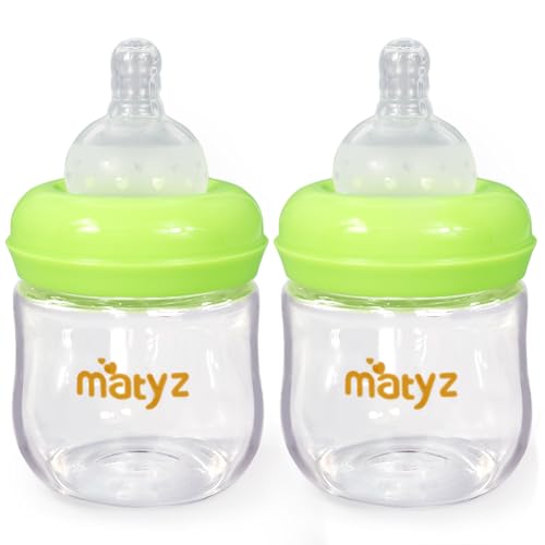 Image of Matyz 2-Pack Glass Baby Breastfeeding Bottles with Caps (Green, 4Oz) - Wide Neck New Born Bottles for Baby Breastfeeding Bottles for 0-3 Months Babies - Glass Baby Bottles 4 Oz Breastfeeding Bottles