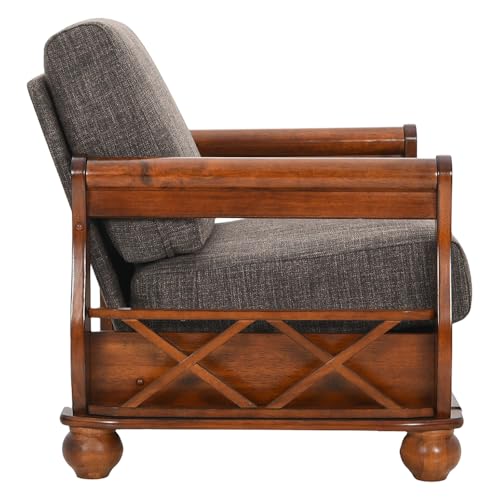 Image of Royaloak Texas American Wooden Sofa 1S | Solid Wood | Fabric Cushion | Pocket Spring | Curved Designer Armrest | Durable and Long Lasting | American Collection | Wooden Sofa | Sofa 1 Seater