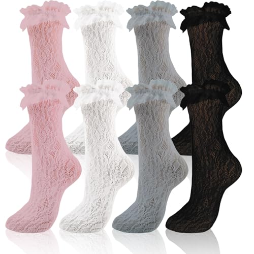 Image of 4 Pairs Womens Lace Ruffle Frilly Socks,Sexy Mesh Lace Trim Socks Lolita Socks,Cute Dress Socks Ankle High Socks for Women