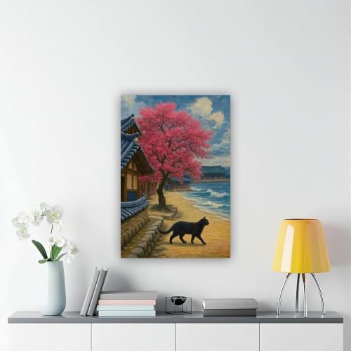 Toile chat fleurs de cerisier Hanok impression d'art premium
