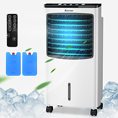 Portable Evaporative Air Cooler, 3-IN-1 Oscillating Cooling Fan with Humidifier, Remote Control, 2 Ice Packs & 2.1 Gallons Water Tank, Air Cooler for Room, Office & Home(29" H)