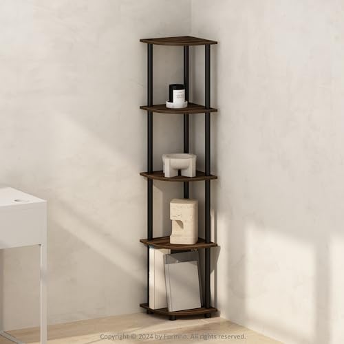 Image of Furinno TURN-N-TUBE Corner Shelf, 5-Tier Corner Bookshelf, Open Storage Shelves, for Organization and Storage, Living Room, Home Office, Garage, Bedroom, Columbia Walnut