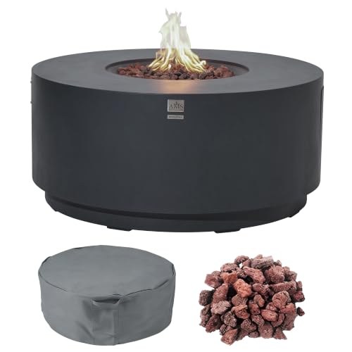 Image of AMS Round Concrete GFRC Propane Gas Fire Pit Table (Dark Gray) | 65000 BTU Patio Table with Tank Storage, Gas Hose, Repair Kit, Water Resistant Canvas Cover & Electronic Ignition