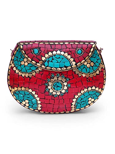 Image of Shakuntala Vintage Clutch - Metal Mosaic Stone & Shell Design Purse - Handmade Women's Handbag