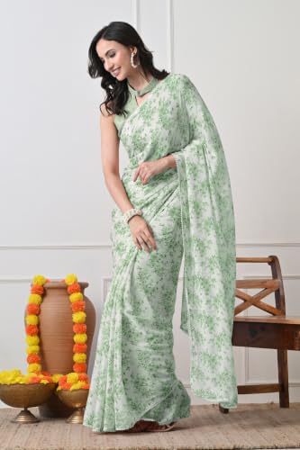 Image of MIRCHI FASHION Saree for Woman Georgette Floral and Leaf Printed | Elegant Farewell and Ceremonial Women's Sari with Blouse Piece