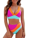 Blooming Jelly Womens High Waisted Bikini Sets Athletic 2 Piece Swimsuits Color Block Bathing Suit (Large, Hot Pink)