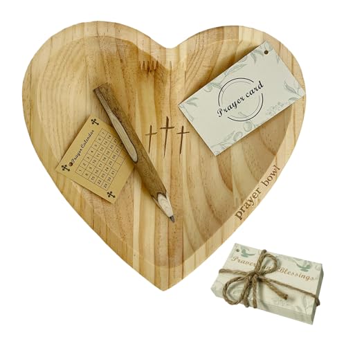 Pawnoc Heart Prayer Bowl with 30 Cards, Light Wood, Christian Gift