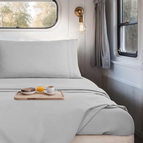 Image of Nestl Light Grey Short Queen Sheets for RV, Hotel Luxury RV Queen Sheets Set, 4 Piece Fitted Bed Sheet Set and Pillowcases, Super Soft, Wrinkle-Free, and Breathable Camper Bedding