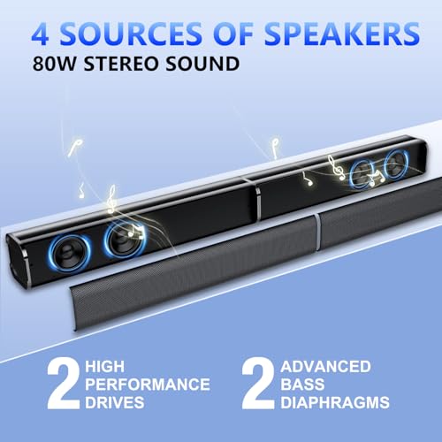 Sound Bar, 80W Sound Bar for Smart TV, Bluetooth 5.3 Soundbar, 2 in 1 Detachable Home Speaker Bass Effect, Home Theater Surround Sound, ARC/Optical/AUX/Connections, for TV/PC/Gaming/Projectors - Image 5