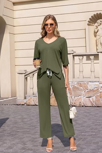 Image of difficort Womens 2 Piece Outfits Raglan Short Sleeve Lounge Sets Wide Leg Sets Loungewear with Pockets
