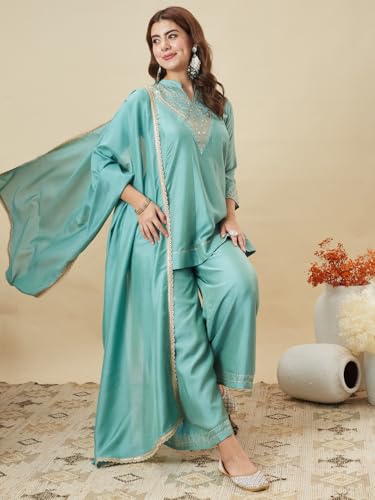 Image of MOKOSH Women's Silk Embroidery Kurta Sharara with Dupatta | Kurta Set | Embroidered |Indian Kurta Outfit with Sharara | 3 Piece Outfit |Straight Ethnic Suit 4 Colour Options Available