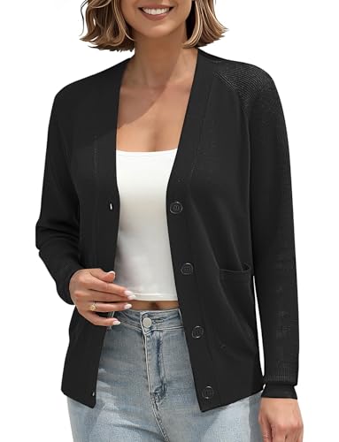 Women's Long Sleeve V-Neck Lightweight Cardigan Sweater Open Front Button Down Knit Sweaters with Pockets2