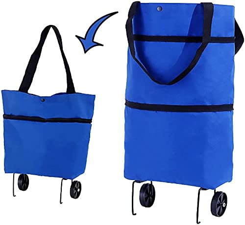 Trolley Bags Shopping Bag Oxford Cloth Foldable Shopping Bag with Wheels Shopping Cart for Home Supermarket, Blue, as shown