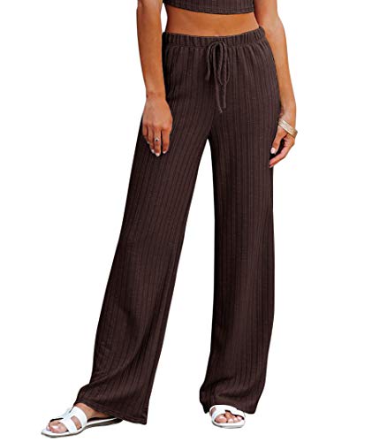 NIMIN Pajamas for Women Women's Loose Casual Drawstring Lounge Palazzo Pants Comfy Wide Leg Pants Brown Large