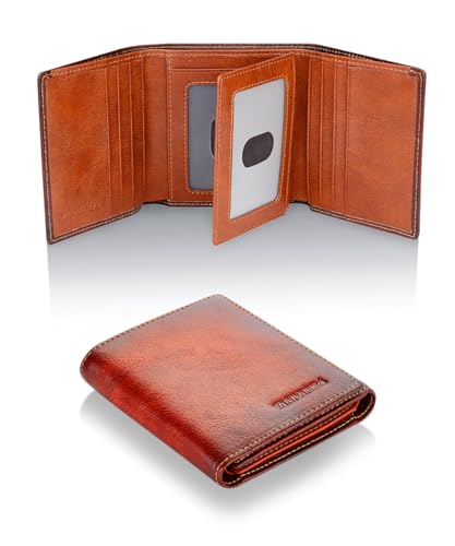 VANNANBA Men's Leather Trifold Wallet with Folded ID Windows,12 Card Slots & 2 Note pockets,Brown Wallet for Men RFID Blocking Waterproof Wallets for Men