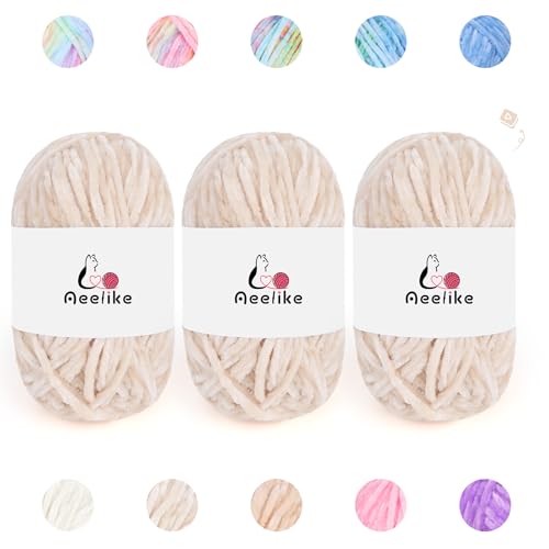 Image of Aeelike 3 Pack Chenille Yarn,Soft Polyester,Each 100g /10.5oz 197yds,Cream | 4 Medium Velvet Yarn,Easy for Beginners Crocheting Animal,with How to See Stitchs Tutorial Video,Ideal Crochet Craft Gift
