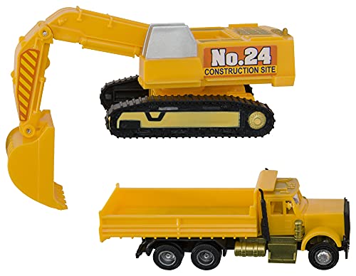 DecoPac Construction Dig Cake Decoration, 2 Piece Cake Topper Set with Dump Truck and Moveable Excavator, Food Safe, Ready to Use For Birthday, Themed Parties, Celebration, Yellow, (11826)