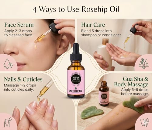 Image of Earth N Pure Rosehip Seed Oil | 100% Pure Natural Cold Pressed Carrier Oil | Premium Quality for Face, Hair, Skin, Nails, Body Massage & DIY Beauty Care | Hexane Free | 15ml