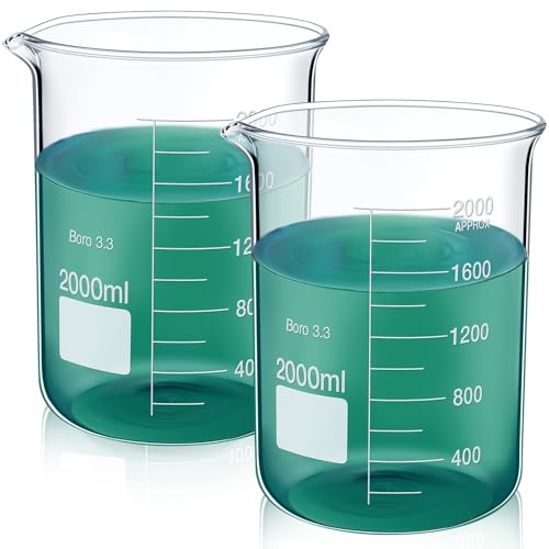 Relaxweex 2 Pcs 2000ml Beaker 3.3 Borosilicate Glass Beakers Lab Beakers Griffin Low Form Beaker Measuring Cups with Scale Graduation for Laboratory School Projects Science Themed Party Daily Use