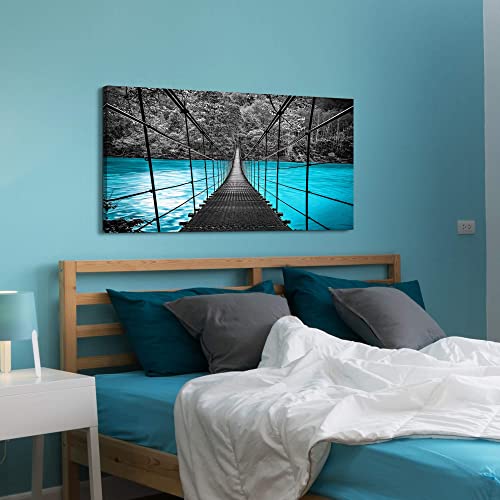 The Stream Design Bridge Canvas Wall Art Bedroom: Modern Living Room Blue Water Scene Picture Relaxing Large Home Black Forest Print Painting 48X24 Horizontal Nature Landscape Artwork #TOP3