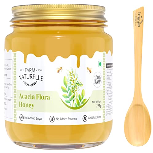 Image of Farm Naturelle Acacia Flora Wild Honey 700gm + 75g Extra |100% Pure Honey | Raw & Unfiltered|Unprocessed|Lab Tested Honey In Glass Jar with Engraved Virgin Wooden Spoon