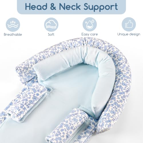 Image of Baby Car Seat Head Support for Newborn, 2 in 1 Infant Car Seat Head Body Support with Strap Pads, Soft Stroller Cushion Pillow Insert for Girls, Fits for Stroller, Swing, Blue