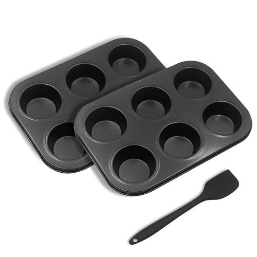 Bakexcel Non-Stick Muffin Pans, 6-Cup Standard Baking Pans Set of 2 with a Scraper for Perfect...