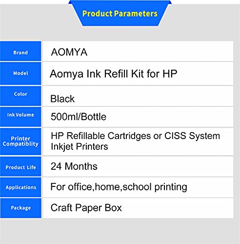 Aomya Compatible HP Black Ink Refill Kit 500ml Dye Bulk Ink for HP Inkjet Printers Refillable Cartridge CISS CIS System (16.9 oz) with Syringe&Glove