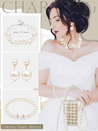 Jewelry Set for Women Pearl Beaded Purse with Chain Large Faux Pearl Necklace Dangle Earrings Choker Bracelet Set for Wedding Costume Accessories Birthday Tea Party Valentine Holiday Gift2