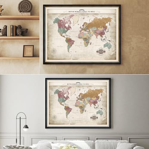 Image of DECORARTS - Oversized Personalized World Travel Map with Pins, Custom Name, Pin Board Canvas Wall Art, Vintage Pastel World Decor, Optional Wood Frame, Giclee Print, Handcrafted in USA, 40x30''